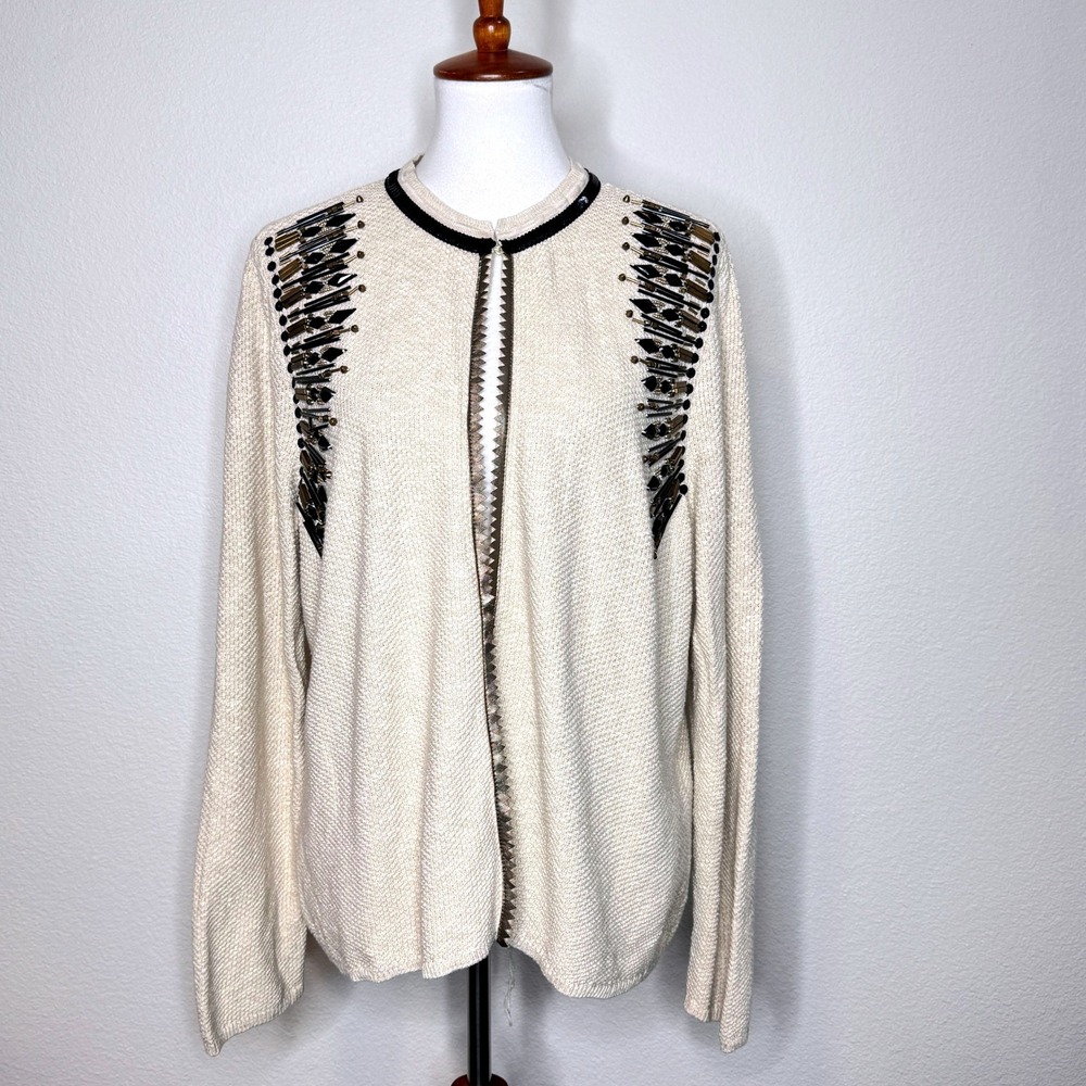 CHICOS Beaded‎ Seed Stitch Cardigan Sweater Sz 3 XL Cream Neutral Art To Wear